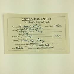 Baptism Certificate - Aileen Margaret McColl, St Mary's Cathedral, Sale, Victoria, 29 Aug 1944