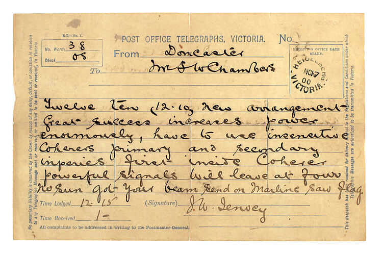 Telegram From J.W. Jenvey to F.W. Chambers, 17 Nov 1900
