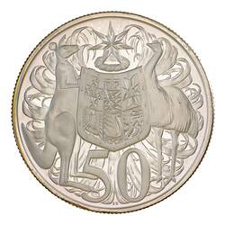 Coat of arms with kangaroo and emu. '50' at base. Text around.