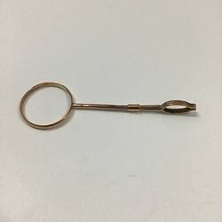 Gold post featuring a circular element at one end and a smaller pincer-style grip at the other.