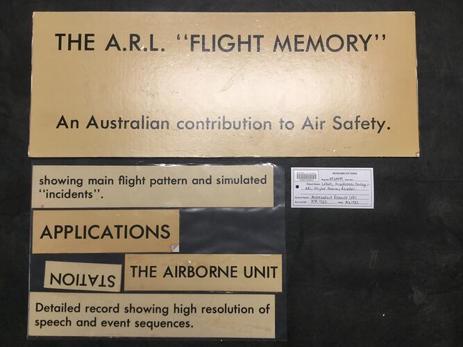 HT 64589, Labels, Miscellaneous - ARL Flight Memory Recorder, Aeronautical Research Laboratories, Melbourne, Australia, circa 1969 (AIR TRANSPORT), Object, Registered