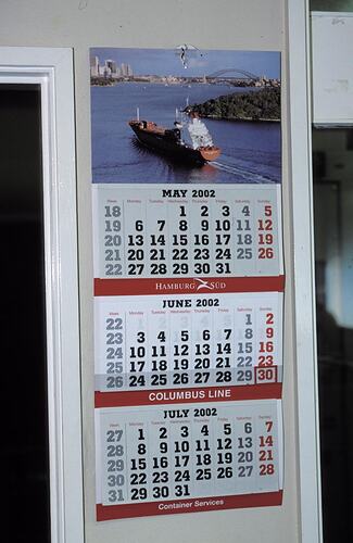 Wall-mounted calendar for May, June and July 2002. Melbourne Coastal Radio Station, Cape Schanck, Victoria
