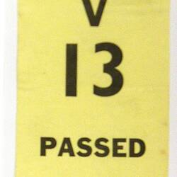 Baggage Label - Australian Customs "V 13 Passed" (yellow)