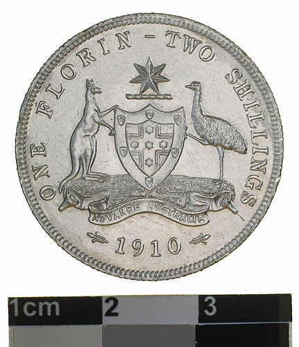 Specimen Coin - Florin (2 Shillings), Australia, 1910, photographed by Museums Victoria