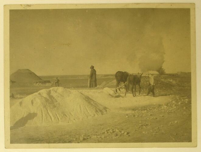 Three Arab men with two horses, making lime in an open field.
