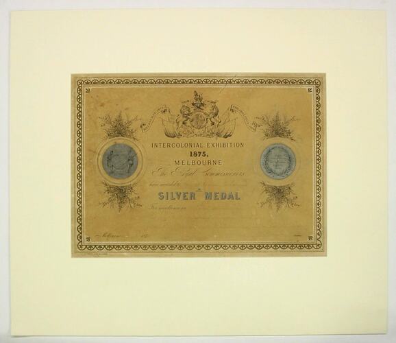 Certificate - Intercolonial Exhibition 1875