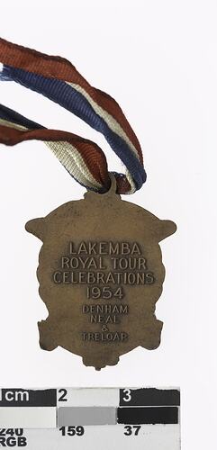 Bronze medal with text, red, white and blue ribbon attached.