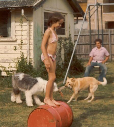 Digital Photograph - Girl Balances on Red Oil Drum, Backyard, Springvale, 1977