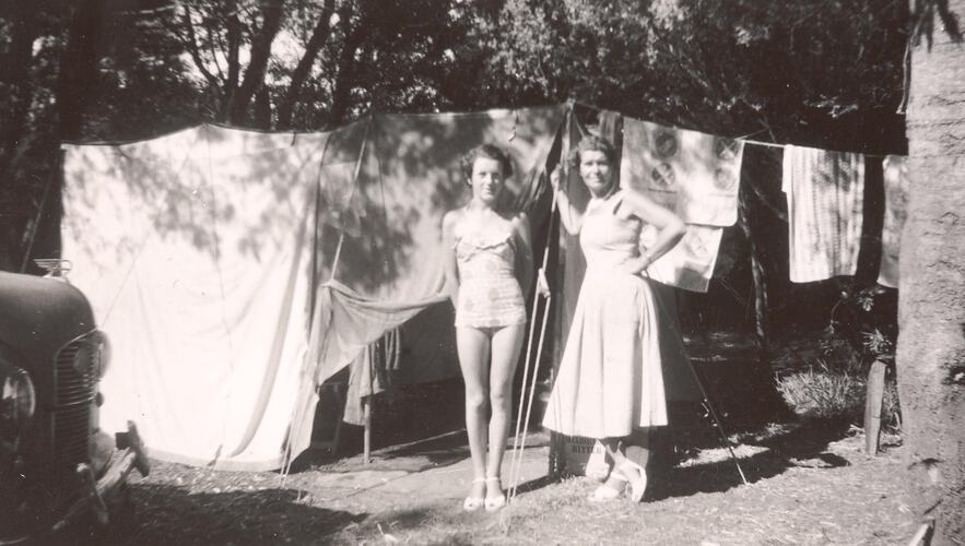 Digital Photograph - Mother & Daughter Standing outside Tent & Clothesline, Cowes, Phillip Island, 1954