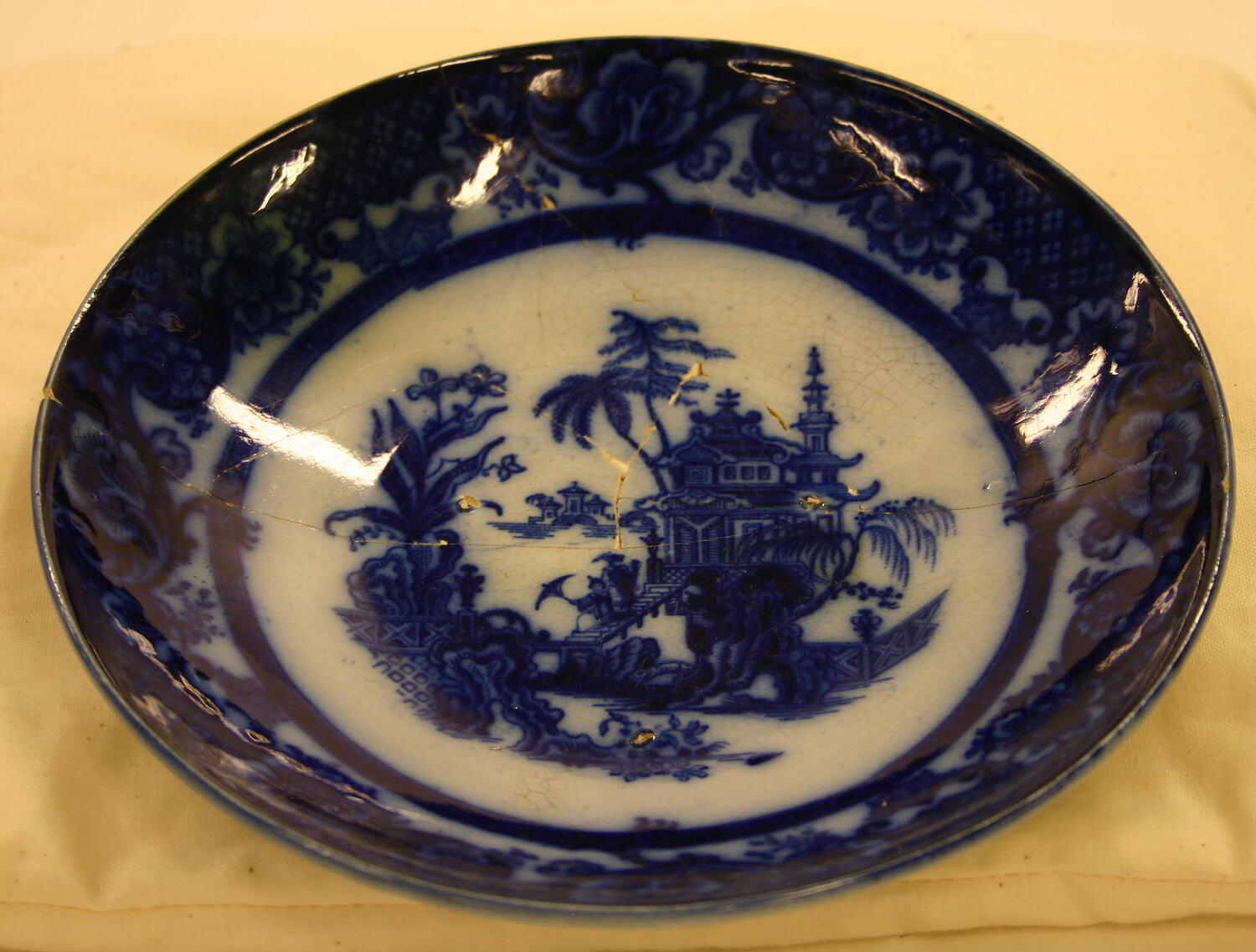 Saucer Whiteware, Blue, Flow Transfer, Chensi Pattern, England