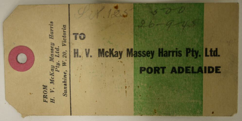 Tag - H.V. McKay Massey Harris, Port Adelaide