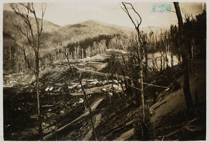 Photograph - State Electricity Commission, Group of Wooden Buildings in Fire Effected Bushland, Victoria, circa 1940