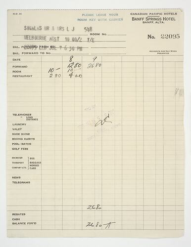 Account - Banff Springs Hotel, Mr & Mrs L. Sigalas, 8-9 July 1939