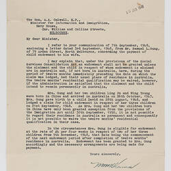 Letter - NE McKenna, Minister for Social Services, to Honorable AA Calwell, MP, Gung Child Endowment, 15 Jan 1949