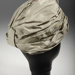 Hat - Jean Rooks, Turban Style, Taupe Floral, circa 1960s