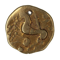 Coin, round, horse advancing to the left with a rider behind and above; below the horse is a lyre.