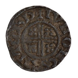 Coin, round, short cross voided within beaded circle, quatrefoil in each angle; text around, + IVN  ON CANTER.
