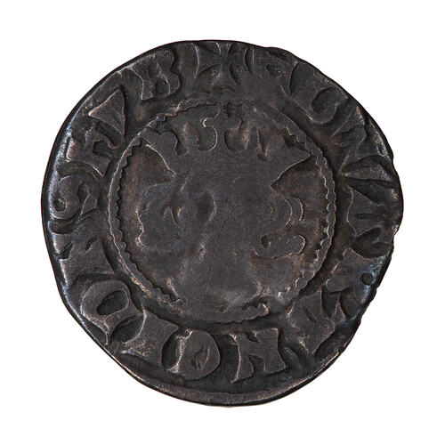 Coin, round, a crowned bust of the King facing; text around, + EDWA R ANGL DNS HYB.