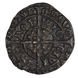 Coin, round, long cross pattee dividing legend; text around in two concentric circles.