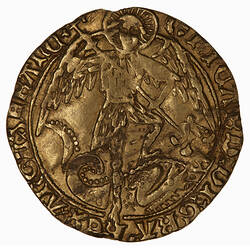 Coin, round, male standing, one foot on fallen dragon which he is spearing in the mouth; text around.