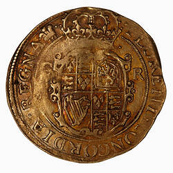 Coin, round, at centre crowned shield quartered with the arms of England, France, Scotland and Ireland.