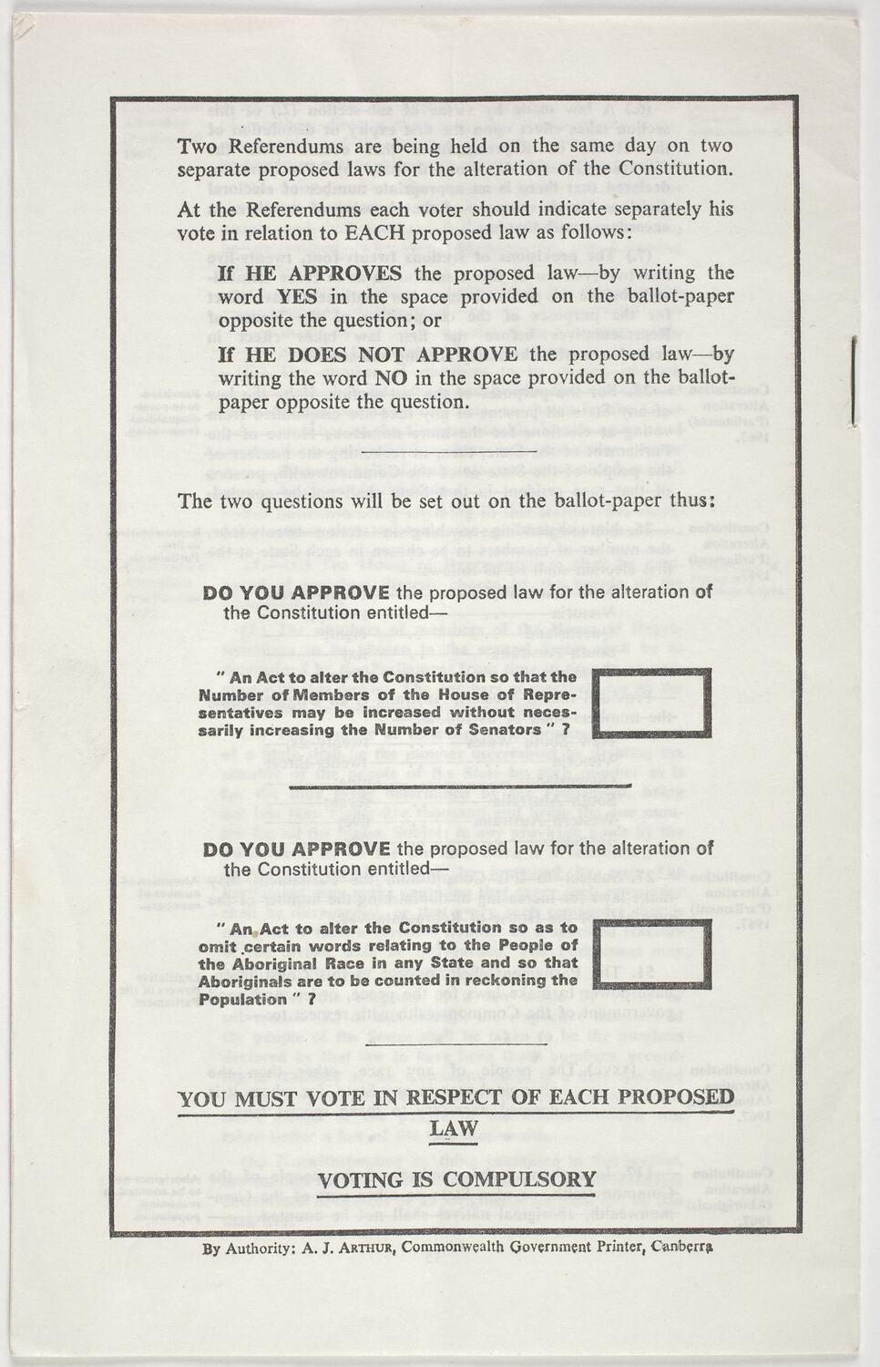 Information Booklet - Commonwealth of Australia, 'Referendums',  Commonwealth Government Printer, 6 Apr 1967