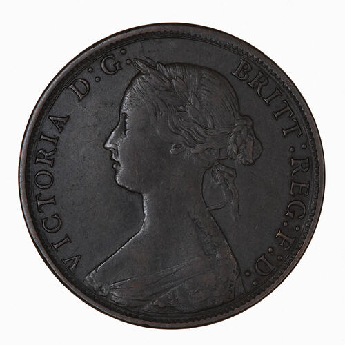 Coin - Halfpenny, Queen Victoria, Great Britain, 1865 (Obverse)