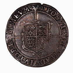 Coin, round, Garnished Royal shield quartered with the arms of England and France on a cross fourchee.
