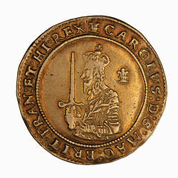 Coin, round, Crowned half-length king facing left, wearing armour, holding a sword and olive branch.