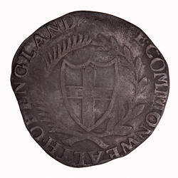 Coin, round, Within a wreath of palm and laurel a shield bearing the cross of St. George; text around.