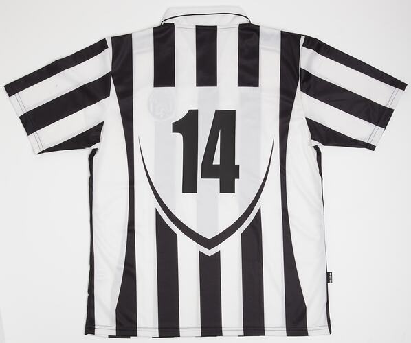 Black and white striped jersey with number 14.