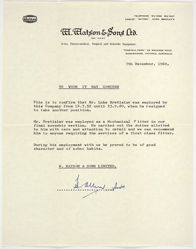 Letter - Employment Reference, W. Watson & Sons Ltd,