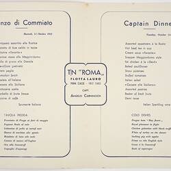 Menu - TN Roma, Flotta Lauro Line, Dinner, 14 Oct 1957