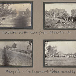 Four photographs, two of soldiers marching through the countryside and two of horses and tents on a country es