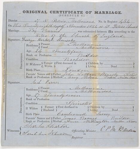 Certificate of Marriage - George Stanesby and Sarah Barnes, 28/11/1854