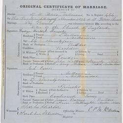Certificate of Marriage - Issued to George Stanesby & Sarah Barnes, 28 Nov 1854