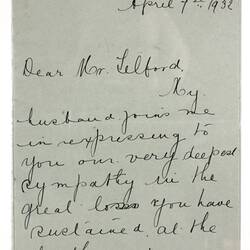 Letter - Peacock to Telford, Phar Lap's Death, 07 Apr 1932
