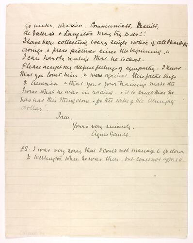 Letter - Gauch to Telford, Phar Lap's Death, 08 Apr 1932