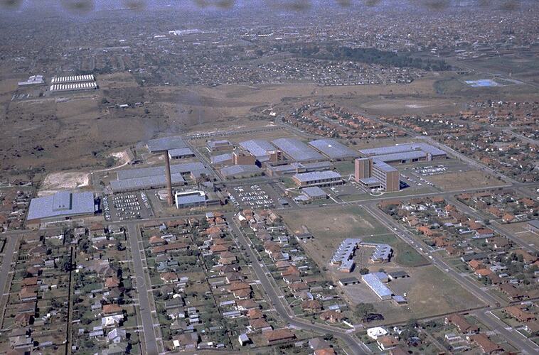 Negative - Kodak Australasia Pty Ltd, Aerial View of the Kodak Factory Complex and Suburbia, Coburg, 19