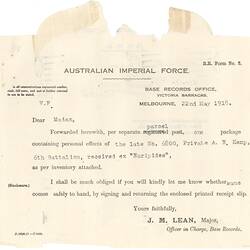 Letter - Australian Imperial Force to Annie Kemp, Personal Effects, 22 May 1918