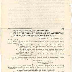 Letter requesting particulars of deceased Australian soldiers.