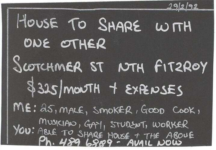 Advertisement - House to Share With One Other, 1991-1992