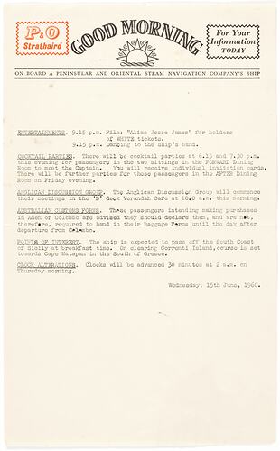 Newsletter - 'Good Morning', P&O Lines, Strathaird, 15 Jun 1960