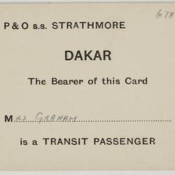 Transit Card - Dakar, P&O Lines, 1957