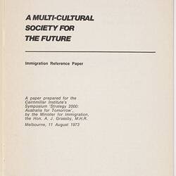 Booklet - A. J. Grassby, 'A Multi-Cultural Society for the Future', 11 Aug 1973