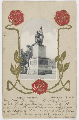 Postcard - Burke & Wills Statue, Melbourne, To Anna Scott from Marion Flinn, Melbourne, 19 Jan 1904