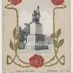 Postcard - Burke & Wills Statue, Melbourne, To Anna Scott from Marion Flinn, Melbourne, 19 Jan 1904