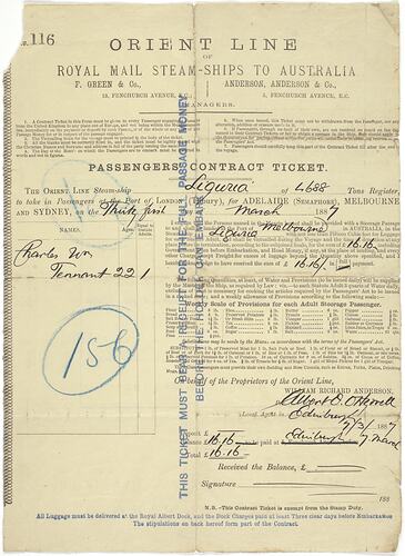 Passenger Contract Ticket - SS Liguria, Orient Line, 1887