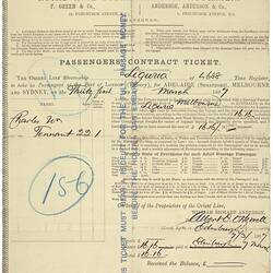 Passenger Contract Ticket - Issued to Charles Tennant, 'SS Liguria', Orient Line, 1887
