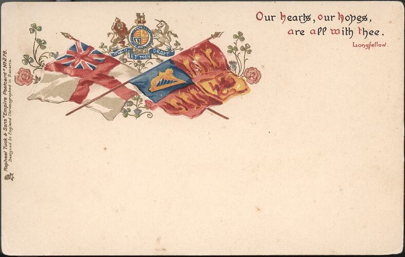 Postcard with coat of arms above two crossed flags in top left corner.
